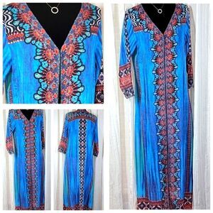 Blue Aztec Sheer Longsleeve Maxi Kaftan/Cover-up